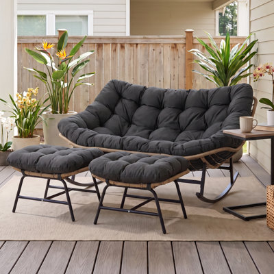 Oversized Cushioned Double Papasan Rocking Chair With 2 Ottomans And Thick Cushion