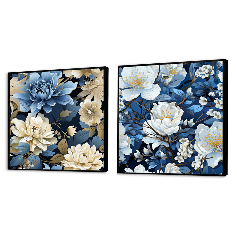 Annemasse - Ensemble de 2 collages carrés floraux, Cadre flottant noir, H 16 po x l 33 po