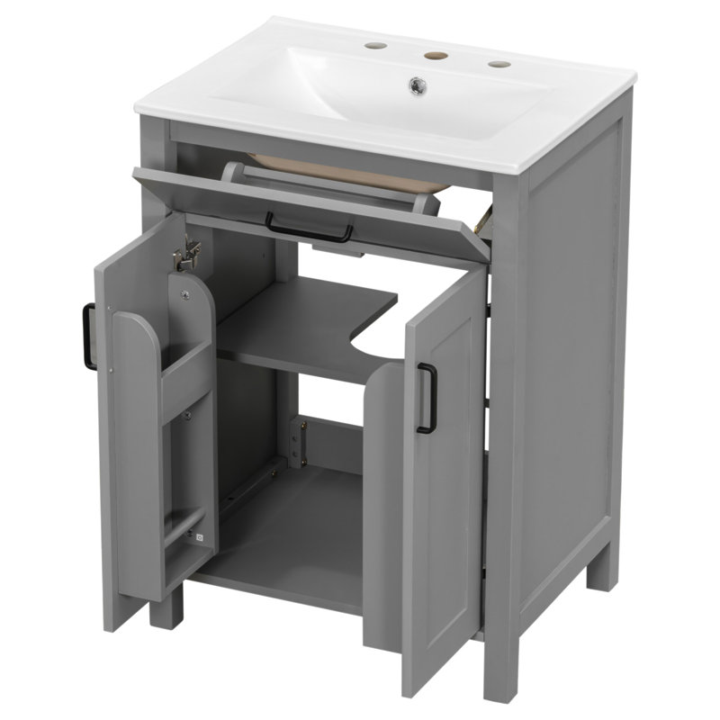 Meuble-lavabo moderne de 48 pouces avec lavabo en céramique, portes à fermeture en douceur, tiroir rabattable, tablettes de porte à double couche, solution de rangement élégante