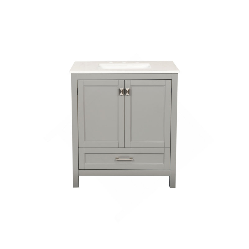 Meuble-lavabo autoportant de 30 po avec lavabo, comptoir en marbre d'ingénierie de Carrare avec lavabo rectangulaire encastré en céramique, grande porte de rangement à fermeture en douceur, structure en bois massif