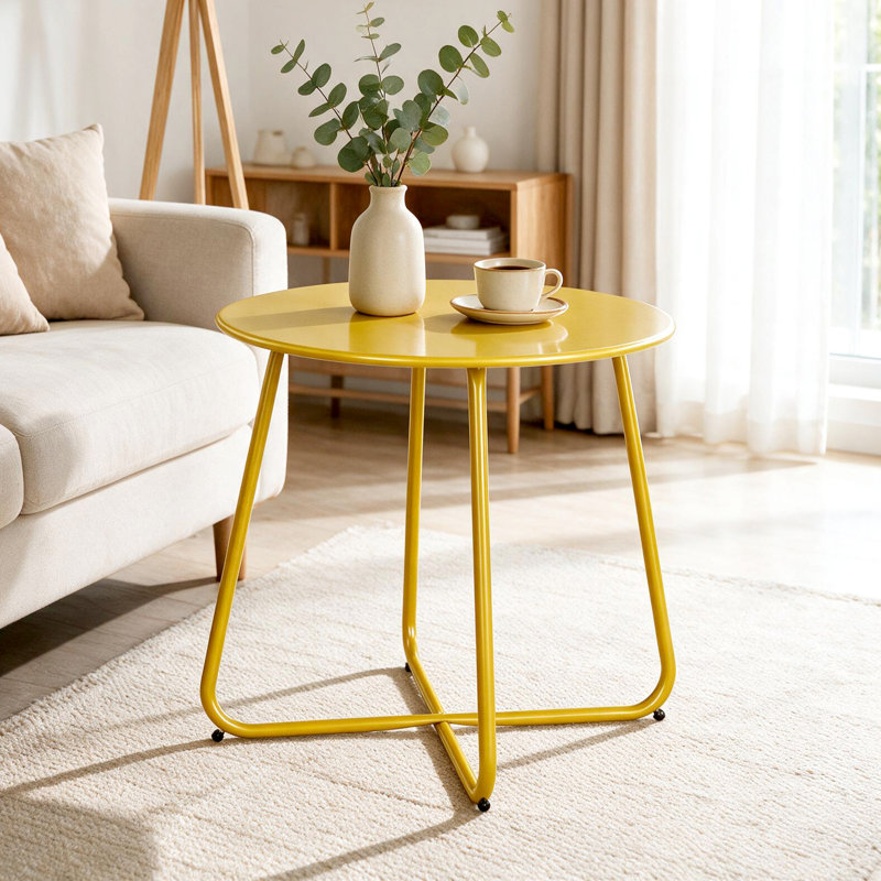 Table de bout ronde en acier 17,7 pouces avec pieds croisés, jaune, Jaune