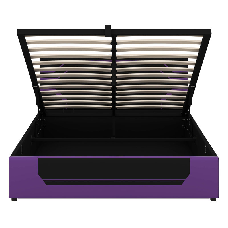 Cadre de lit de jeu hydraulique, lit de rangement Cyberpunk avec tête de lit, lit plateforme pour les joueurs, Noir / mauve