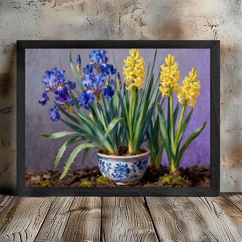 Iris noir, jacinthe, nature morte florale, reproduction d'art classique rétro, H 9 po x l 11 po