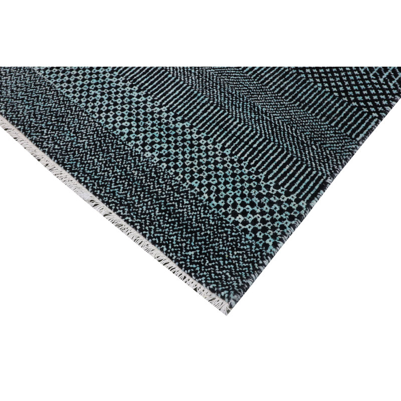 Hand-Knotted High-Quality Blue and Black Area Rug, Runner 2'8" x 9'10"