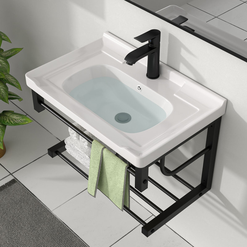 Lavabo de salle de bain rectangulaire en céramique blanche L 23 po x l 15 po avec base en acier et trou de débordement GhomeG