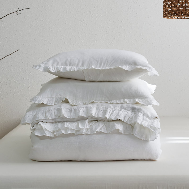Ensemble de housse de couette en lin à volants, Blanc, Housse de couette double et 2 taies décoratives s