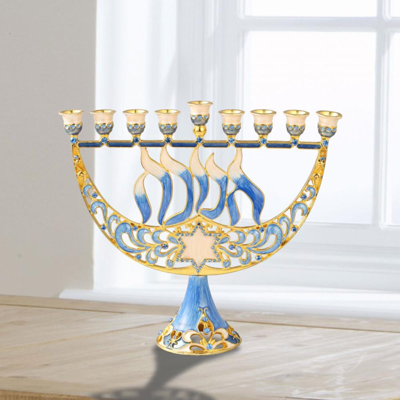 Ensemble de menorah et dreidel - candélabre en émail peint à la main avec étoile de David et Hanoukka et 2 quarts de dreidels tournants peints à la main par Matashi
