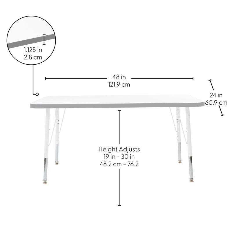 Table rectangulaire d'activités thermofusionnées avec pieds réglables et pivotants standard, H 30 po x l 24 po x P 48 po
