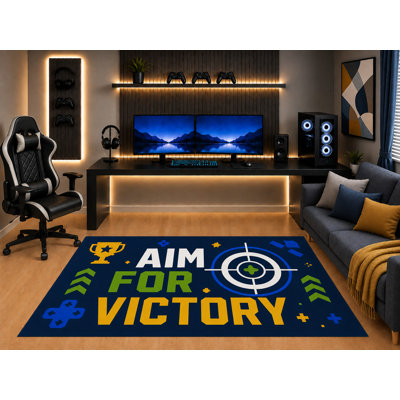 "Ultra Light Weight" 5' x 7' Gamer Area Rug Aim for Victory Typography Target Gaming Art for Boys Teen Bedroom Game Room Playroom Non-Slip Silicone Backing Low Pile