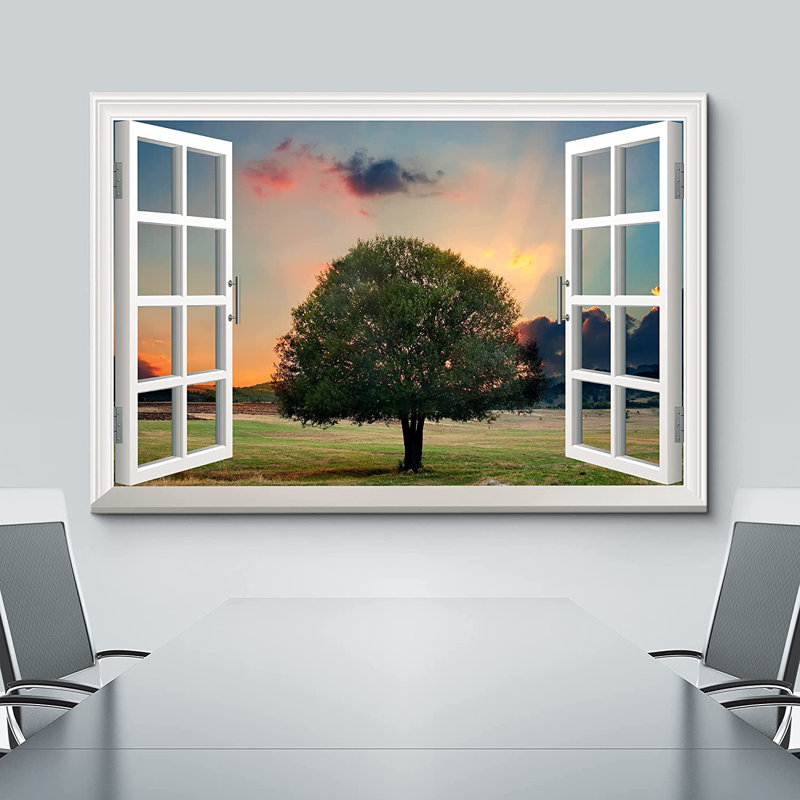 «Window Scenery Window Wall Art Tree in Sunset», reproduction d'art graphique sur toile tendue