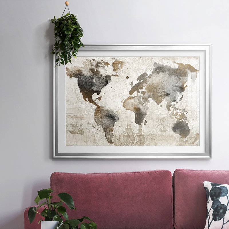 Carte antique encadrée sur papier, Argent, H 15 po x l 21 po x P 1,5 po
