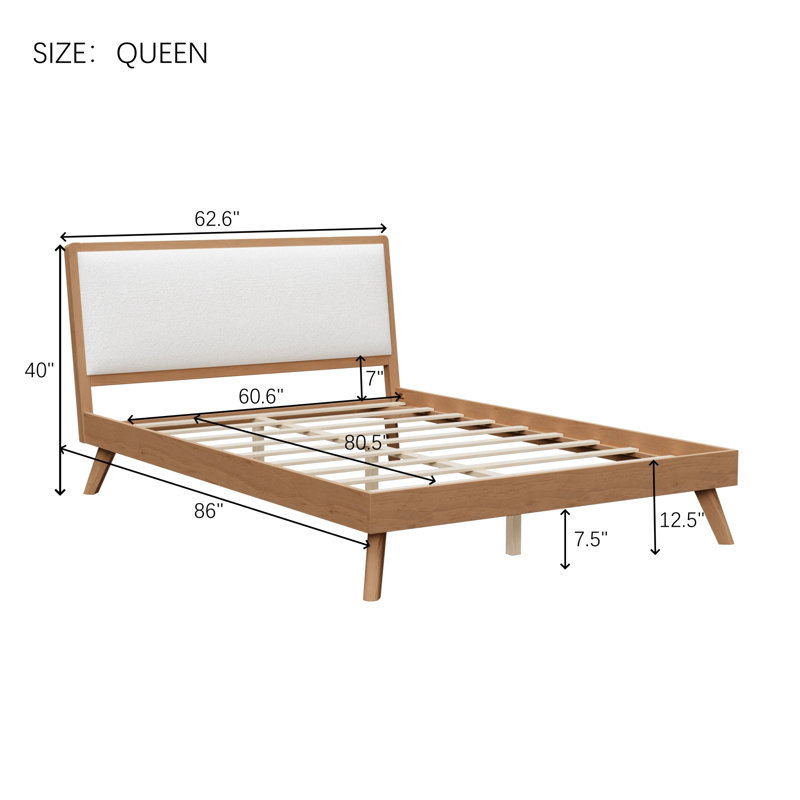 Lit plateforme en bois avec tête de lit et lattes, Queen, Seadrift