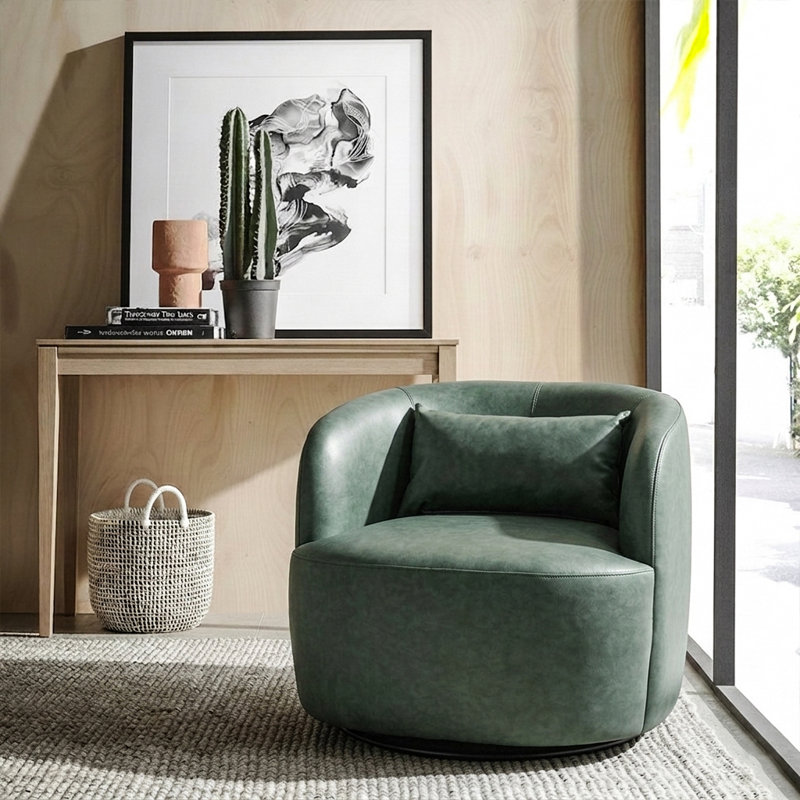 Jaydin 34" Wide Faux Leather Upholstered Swivel Armchair, Green Performance Faux Leather