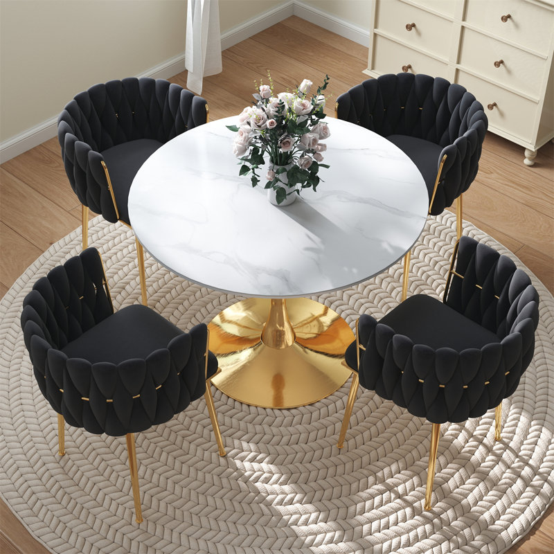 Round Pedestal Dining Set with Woven Dining Chair, Black