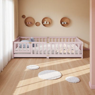 Floor Bed With Fence And Door,Rubber Wood Floor Bed With Safety Guardrails