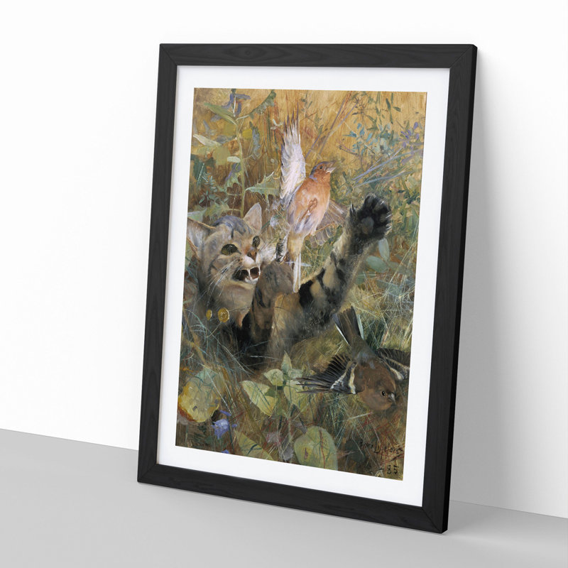 A Cat and a Chaffinch Bird by Bruno Liljefors - Picture Frame Painting, 48cm H x 36cm W x 2cm D, Black Framed