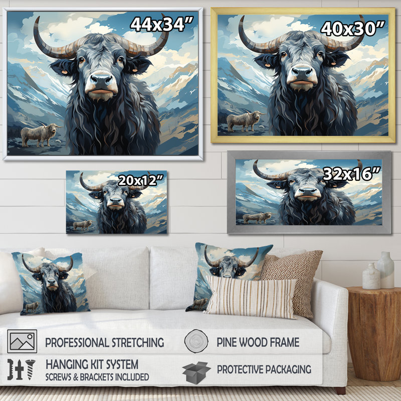 «Blue and Gray Yak», peinture sur toile, Cadre flottant blanc, H 24 po x l 32 po x P 1 po