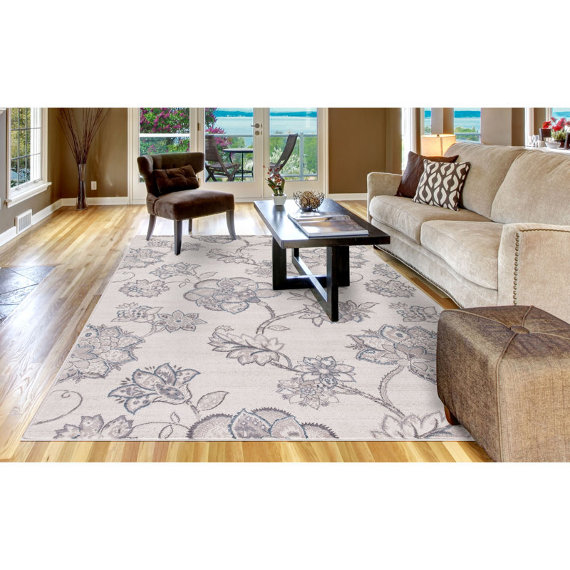 Oriental Machine Woven Floral Area Rug in Ivory, Rectangle 5' x 7'