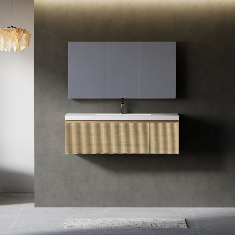 Meuble-lavabo flottant avec lavabo, Chêne naturel, Blanc, 47"