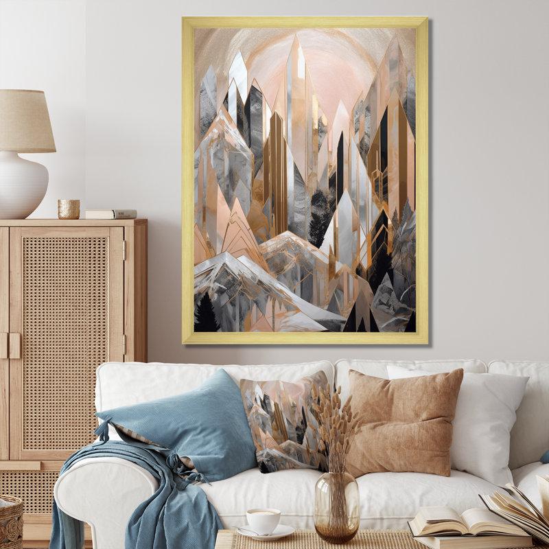 «Pink and Gold Geometric Horizons II», reproduction sur toile encadrée, H 44 po x l 34 po x P 1,5 po, Encadrement doré