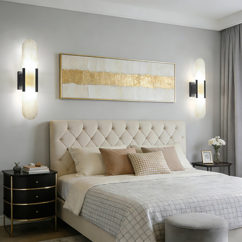19.7in Dimmable Wall Mounted Sconce with Alabaster Shade,Modern 2-lights Wall Light with G9 Bulbs, Black