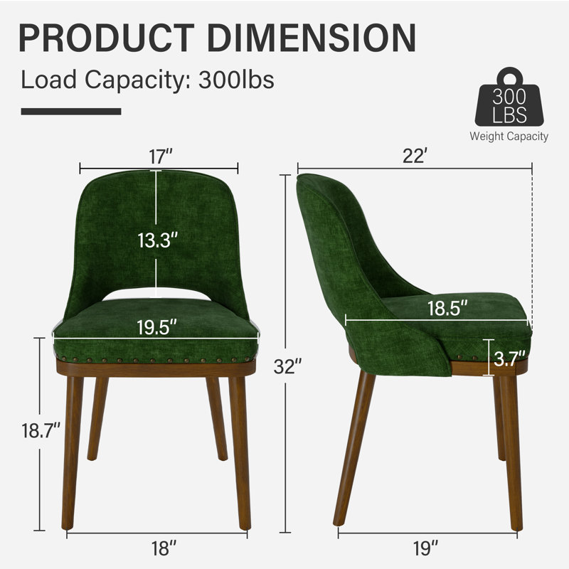Two-tier solid wood upholstered side chair, Green, Set of 4, Rivet