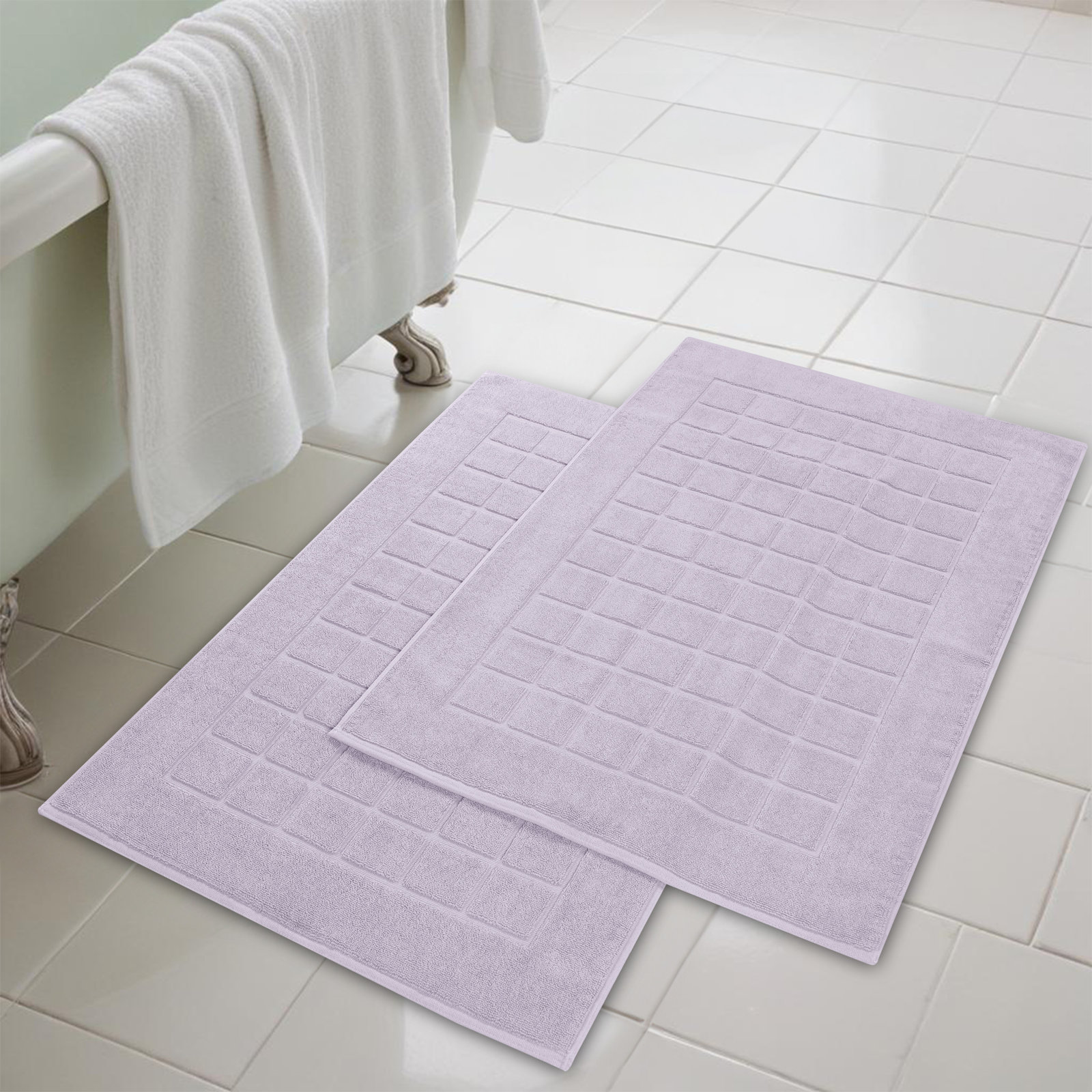 Nora Cotton Terry Solid Absorbent Thick Checkered Washable 2 Piece Bath Mat Set, Purple