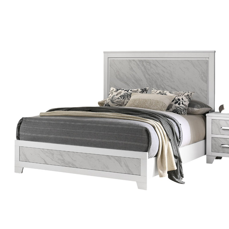Grand lit contemporain blanc: tête de lit à panneau en faux marbre, mobilier de chambre à coucher élégant