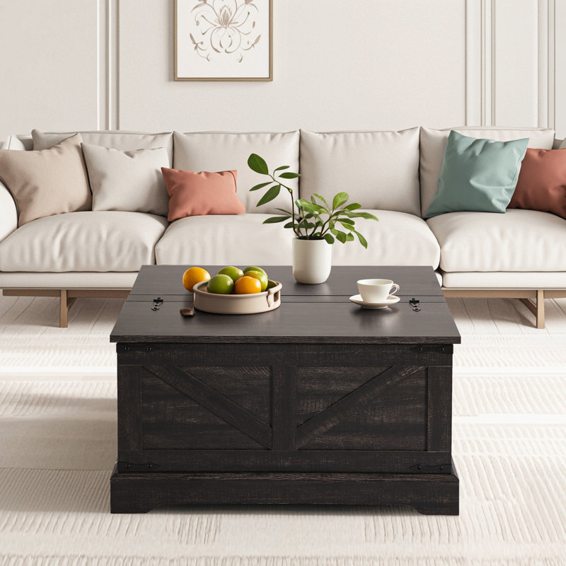 Table basse carrée avec rangement caché, table basse à plateau relevable pour salon, Gris / Noir