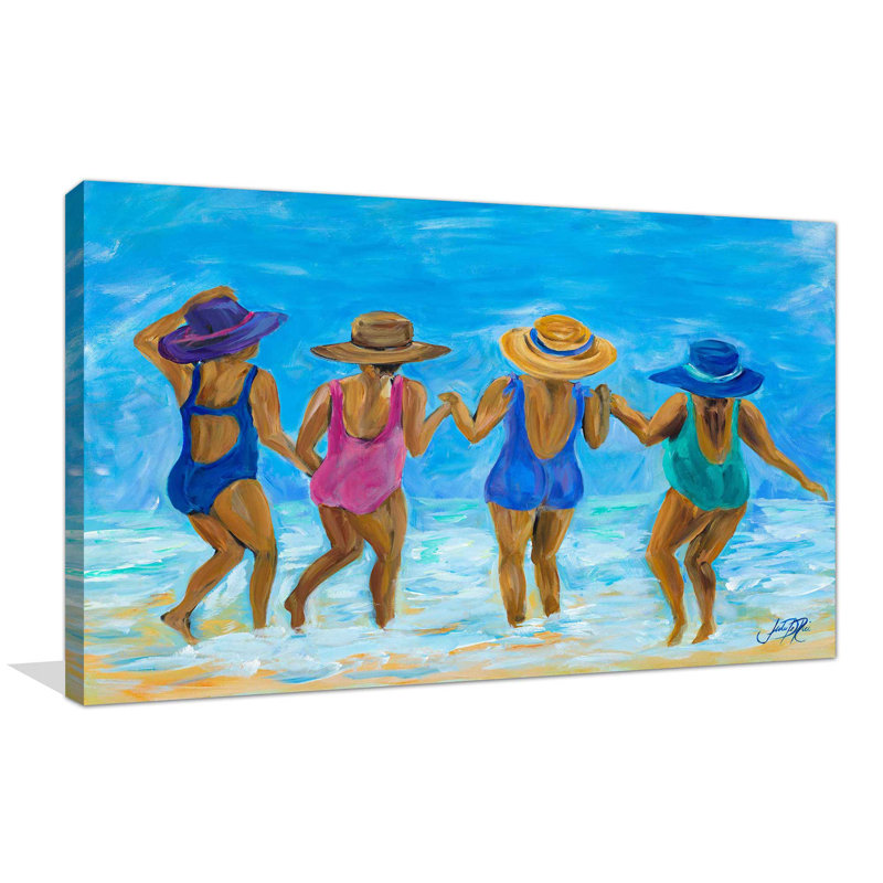 «Mesdames sur la plage I», reproduction de peinture acrylique, H 24 po x l 40 po, Toile tendue