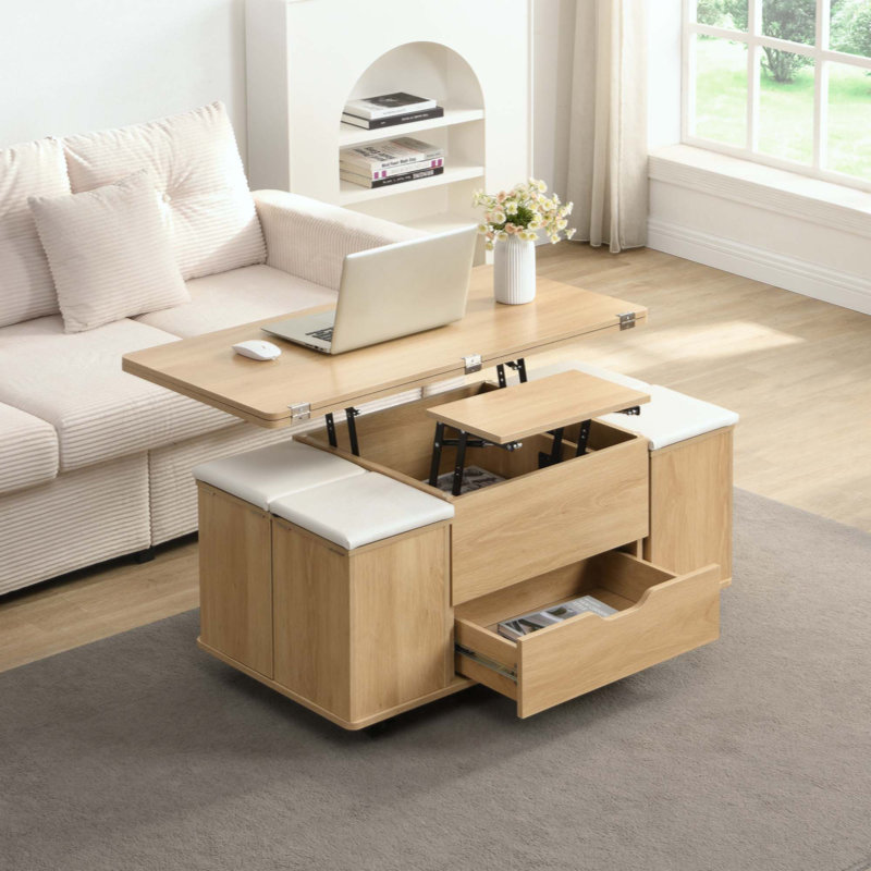 Table basse multifonctionnelle à plateau relevable avec rangement caché et tabourets, table centrale moderne multifonctionnelle avec 4 tabourets et roulettes, pour les espaces de vie modernes