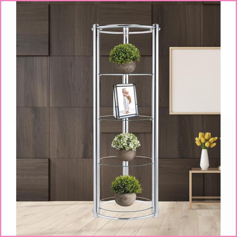 Étagère triangulaire avec 5 tablettes, verre trempé et ampoule Cadre chromé | Moderne | Chrome, verre