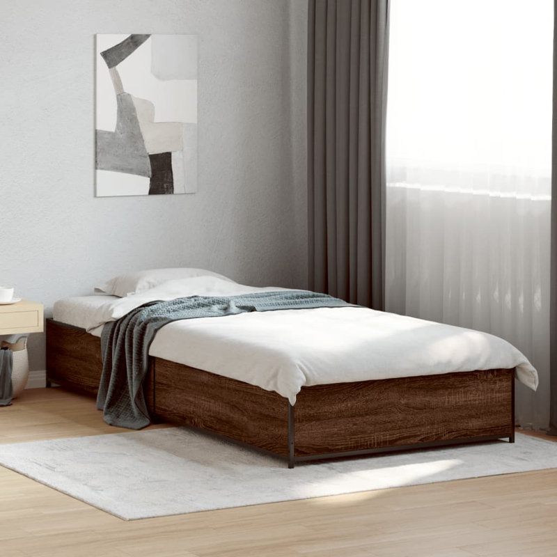 Structure de lit vidaXL Bois d'ingénierie, métal double durable, Chêne brun, 39,4 po x 78,7 po