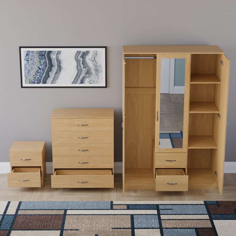 Maybery 3 Piece Bedroom Set (2 Drawer Bedside Chest, 5 Drawer Chest, 3 Door 2 Drawer Mirrored Wardrobe), (5), Pine