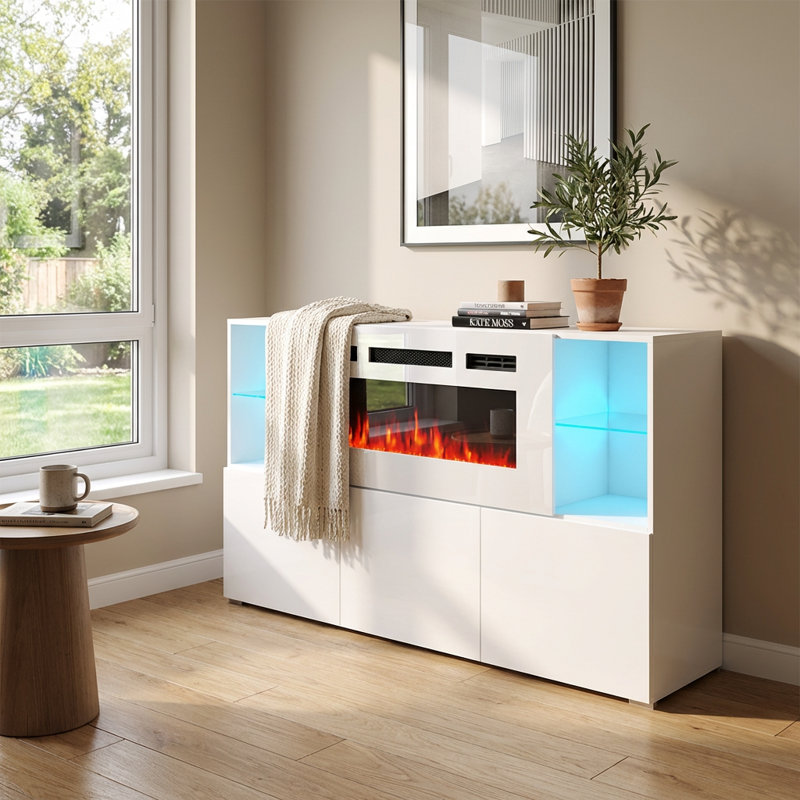 Camberlynn 63" Sideboard with Electric Fireplace, High Gloss Finish, White