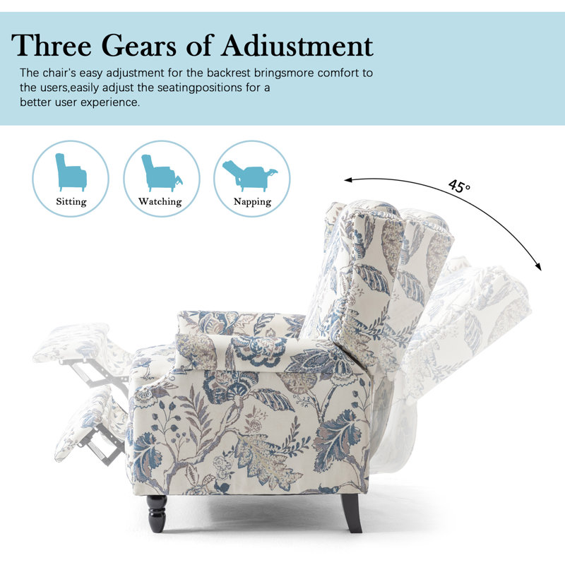 Ameiah 74 cm W Upholstered Wing Back Manual Push Back Recliner with Naihead Trims, Plants Blue Polyester