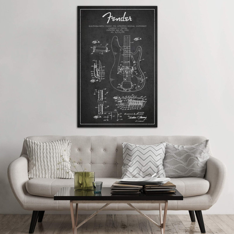 Guitar Charcoal Patent Blueprint by Guitar - Print on Canvas, 20.32 cm H x 30.48 cm W, No Frame