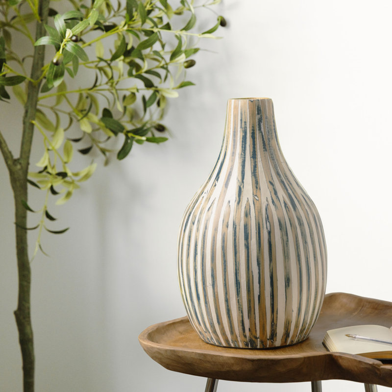 Cole and Grey Bamboo Wood Brushed Blue Decorative Vase with Cream Accents and White Stripes