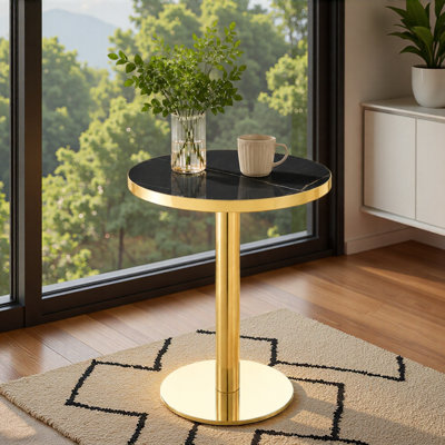 Modern Round Bistro Table, 23.6" Faux Marble Small Dining Table with Pedestal Base & Stainless Steel Edge Banding, High-Gloss UV Top Accent Table for 2, Luxury Lounge Corner