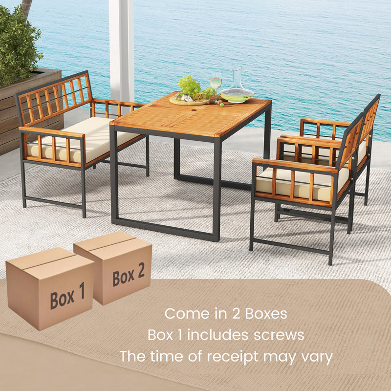 4 Pcs Acacia Wood Patio Dining Set W/ 1 Rectangular Table 1 Loveseat & 2 Armchairs