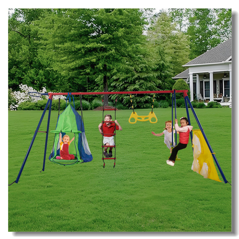 Rinbow Colour Interesting Four Function Swingset With Net Swing And Face To Face Metal Plastic Safe Swing Seat 550Lbs For Outdoor Playground For Age 3+
