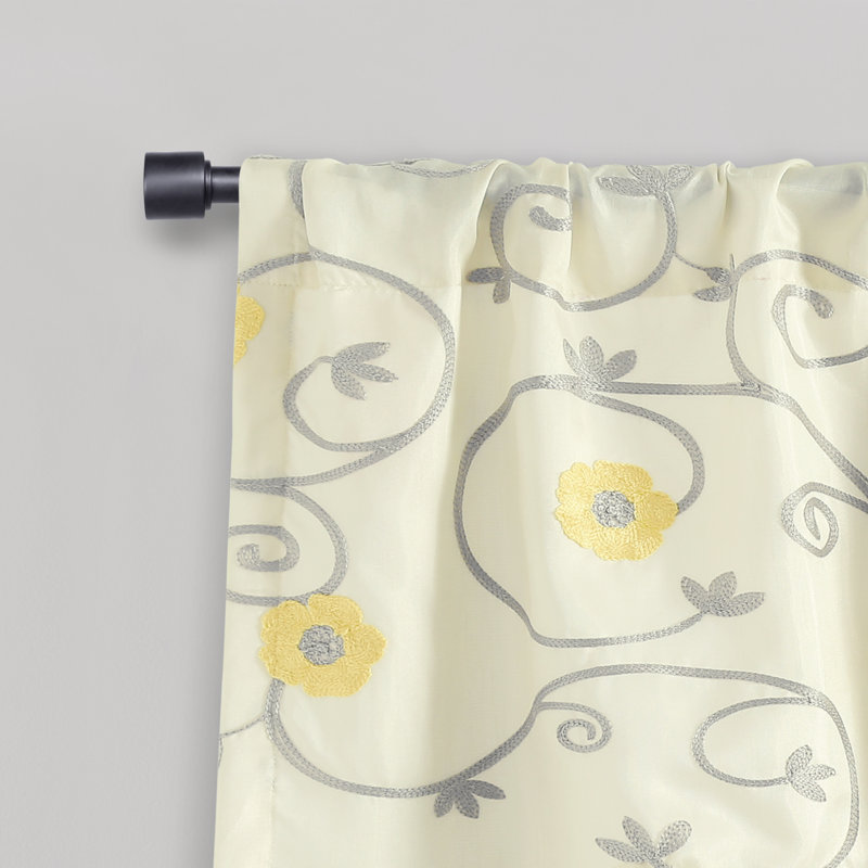 Yellow and Gray Floral Embroidered Scalloped Window Valance