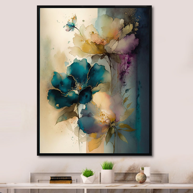 «Blossoming Wildflowers», reproduction délicate d'aquarelle sur toile, 44" H x 34" W, Black Picture Framed