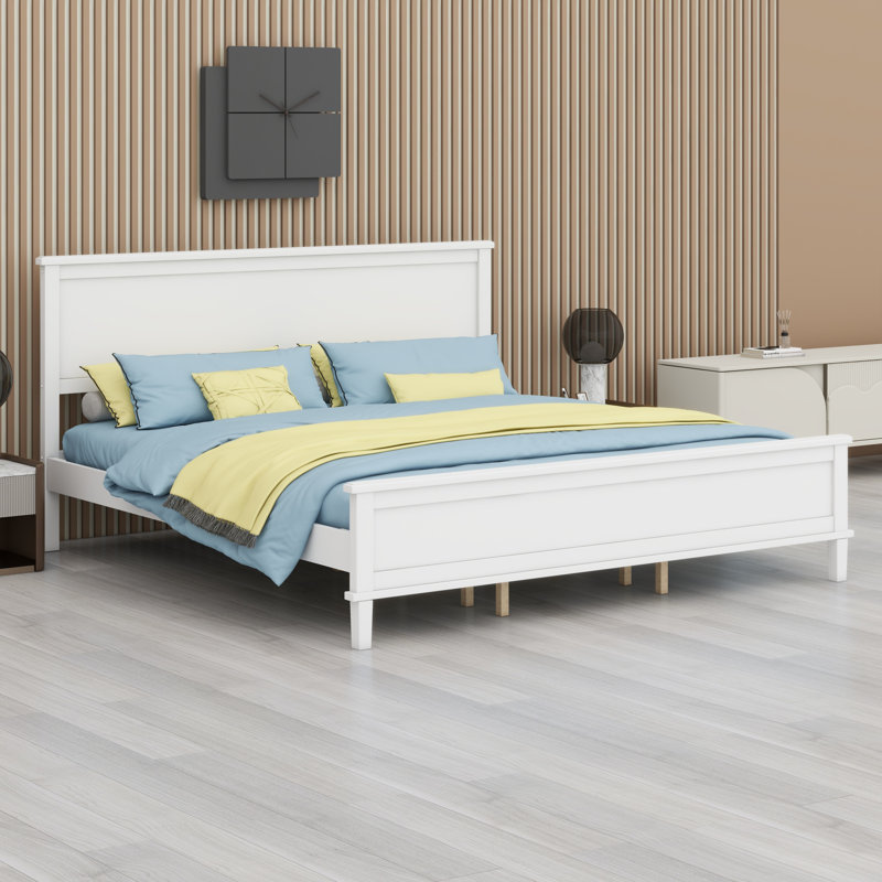 Base de lit plateforme en bois rustique avec tête de lit et support à lattes stable, Blanc, Très grand lit