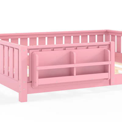 Montessori Floor Bed with Guardrail and Storage Shelves, Full, Pink
