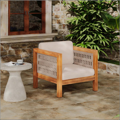 Fauteuil club d'extérieur en bois d'acacia avec accoudoirs en corde et coussins, capacité de 400 lb