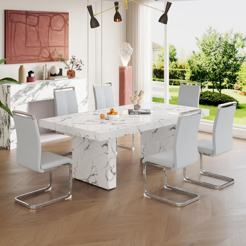 Ensemble de 6 tables de salle à manger en marbre, Gris clair, 7 pièces : table, 6 chaises