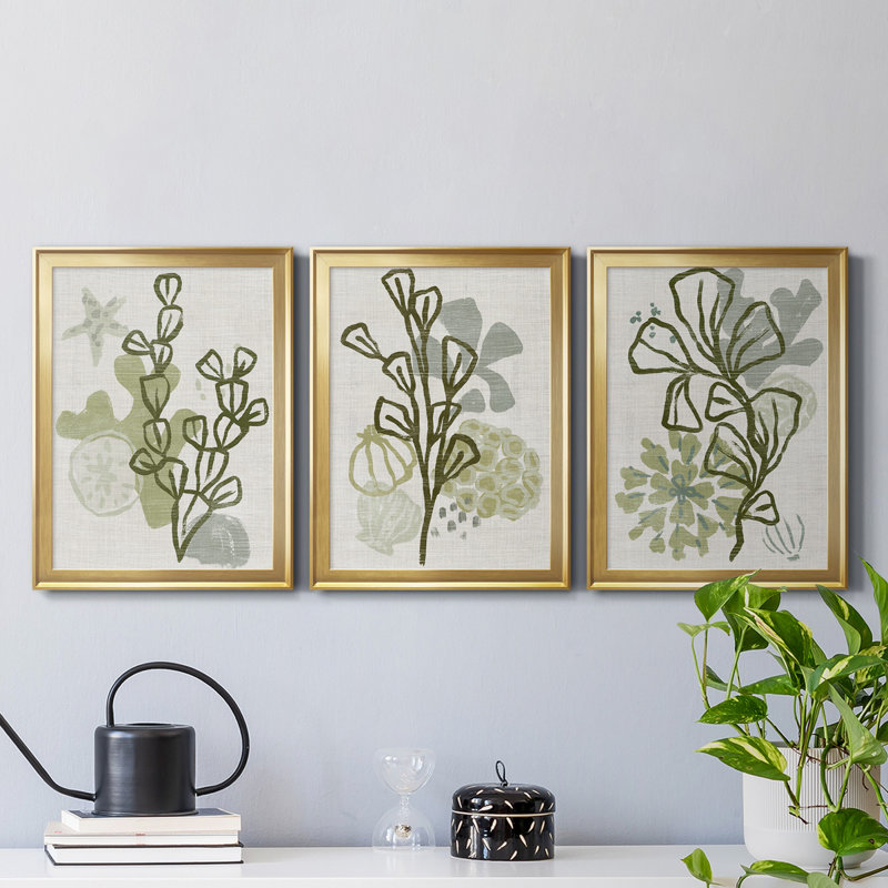 Coral Blockprint I, reproduction encadrée de qualité supérieure - prête à être accrochée, Or, H 24,5 po x l 55,5 po x P 1 po