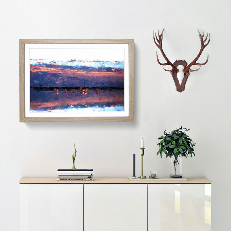 Flamingos at Sunset - Picture Frame Painting Print, Oak Framed, 27cm H x 36cm W x 2cm D