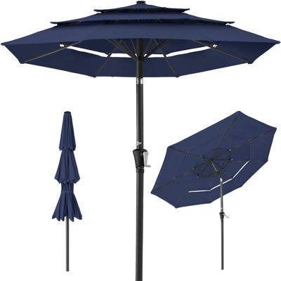 10Ft 3-Tier Patio Umbrella, Market Sun Shade W/ Tilt Adjustment, Easy Crank - Gray